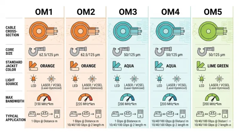 OM1 vs OM2 vs OM3 vs OM4 vs OM5 multimode fiber comparison chart OM1 vs OM2 vs OM3 vs OM4 vs OM5 multimode fiber comparison chart