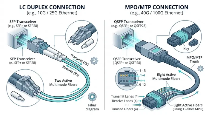 LC duplex and MPO MTP connector compatibility for multimode fiber links LC duplex and MPO MTP connector compatibility for multimode fiber links