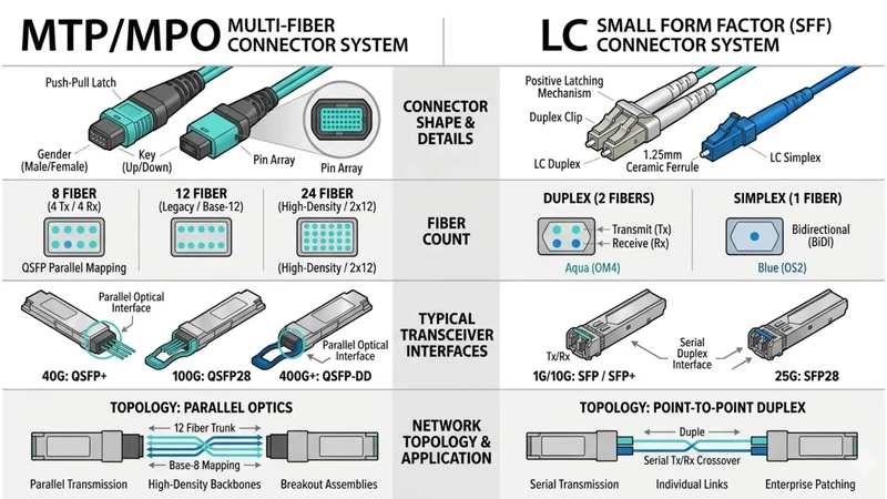 Technical infographic comparing MTP/MPO and LC fiber connectors by fiber count, transceiver type, and network topology Technical infographic comparing MTP/MPO and LC fiber connectors by fiber count, transceiver type, and network topology