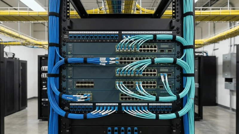 LC duplex fiber patch cords connected between switches and patch panels in a simple point-to-point enterprise network LC duplex fiber patch cords connected between switches and patch panels in a simple point-to-point enterprise network