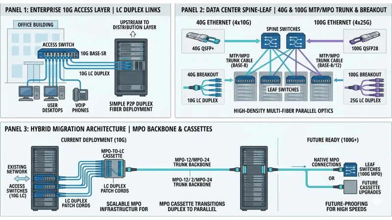 Three real-world deployment examples showing LC access links, MTP/MPO data center backbone, and hybrid MPO-to-LC migration architecture Three real-world deployment examples showing LC access links, MTP/MPO data center backbone, and hybrid MPO-to-LC migration architecture