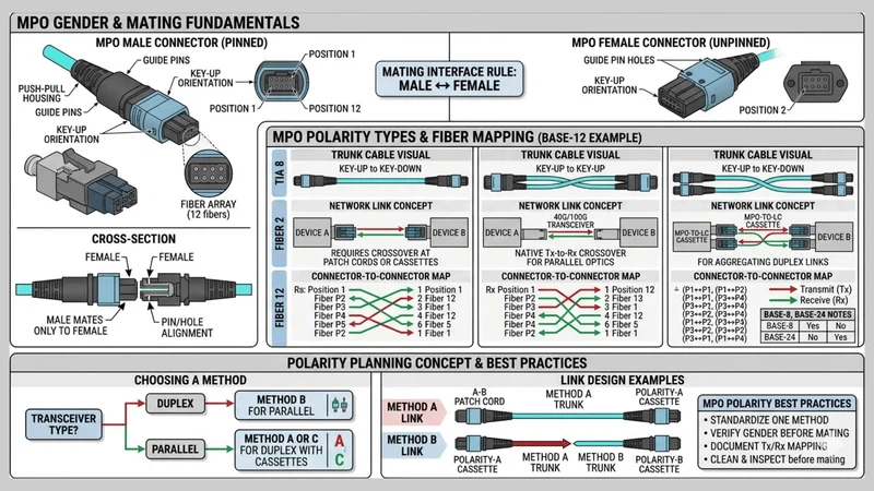 Technical diagram showing MPO polarity mapping and male-versus-female connector gender Technical diagram showing MPO polarity mapping and male-versus-female connector gender