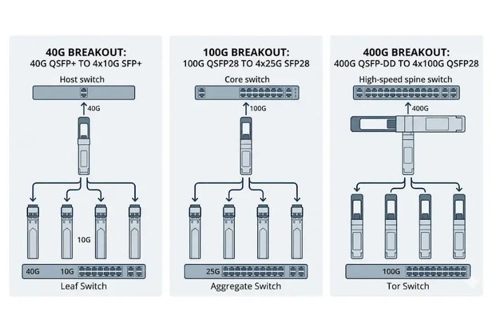 Breakout active optical cable mappings from 40G to 4x10G, 100G to 4x25G, and 400G to 4x100G Breakout active optical cable mappings from 40G to 4x10G, 100G to 4x25G, and 400G to 4x100G