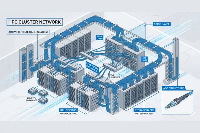 A professional data center network illustration showing active optical cables connecting top-of-rack switches, leaf-spine switches, GPU servers, and storage racks in a high-density AI and HPC cluster, many flexible blue fiber cables neatly routed through cable managers, clean technical 3D isometric style, white and light gray background, blue highlights, modern telecom visualization, no people, no brand logo, no watermark A professional data center network illustration showing active optical cables connecting top-of-rack switches, leaf-spine switches, GPU servers, and storage racks in a high-density AI and HPC cluster, many flexible blue fiber cables neatly routed through cable managers, clean technical 3D isometric style, white and light gray background, blue highlights, modern telecom visualization, no people, no brand logo, no watermark