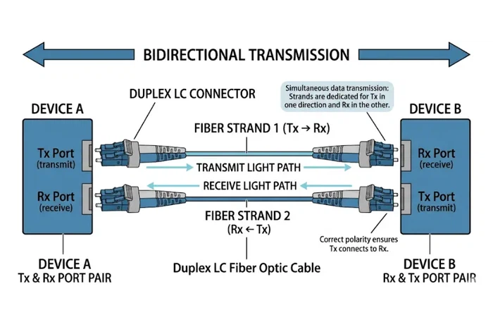 Duplex LC fiber cable Tx and Rx transmission path between two network devices Duplex LC fiber cable Tx and Rx transmission path between two network devices
