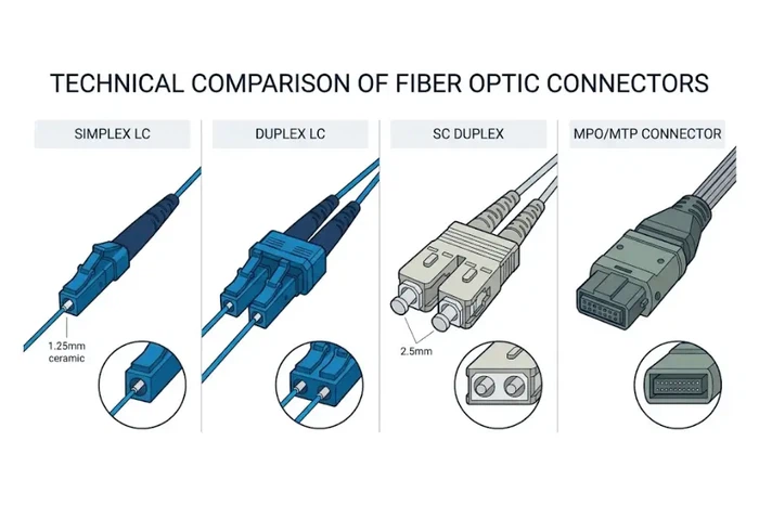 Comparison of simplex LC duplex LC SC duplex and MPO MTP fiber optic connectors Comparison of simplex LC duplex LC SC duplex and MPO MTP fiber optic connectors