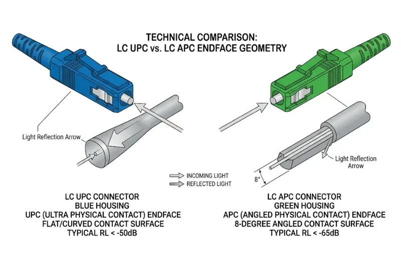 LC UPC and LC APC connector endface polish comparison showing flat and angled ferrules LC UPC and LC APC connector endface polish comparison showing flat and angled ferrules