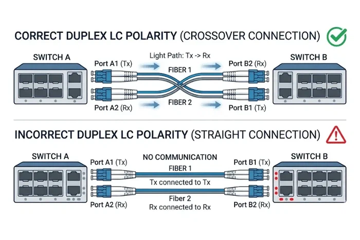 Correct and incorrect duplex LC fiber polarity showing Tx to Rx crossover connection Correct and incorrect duplex LC fiber polarity showing Tx to Rx crossover connection