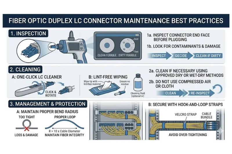 Duplex LC fiber connector cleaning inspection and cable management best practices Duplex LC fiber connector cleaning inspection and cable management best practices